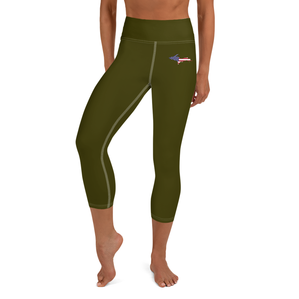 Michigan Upper Peninsula Yoga Capri Leggings (w/ UP USA Flag) | Military Green