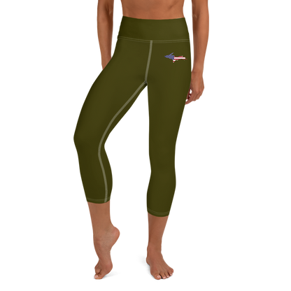 Michigan Upper Peninsula Yoga Capri Leggings (w/ UP USA Flag) | Military Green