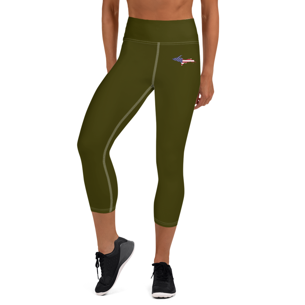 Michigan Upper Peninsula Yoga Capri Leggings (w/ UP USA Flag) | Military Green