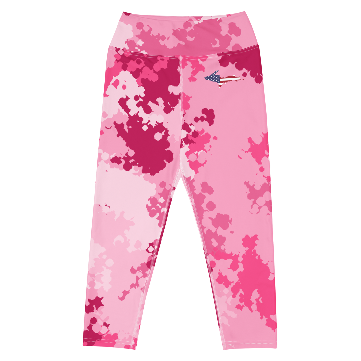 Michigan Upper Peninsula Yoga Capri Leggings (w/ UP USA Flag) | Pink Camo