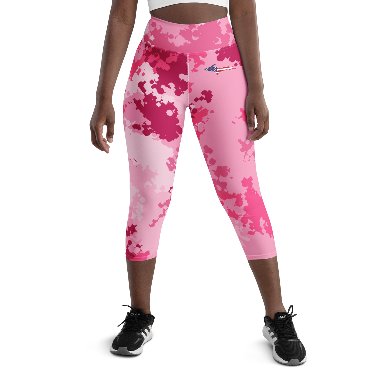 Michigan Upper Peninsula Yoga Capri Leggings (w/ UP USA Flag) | Pink Camo