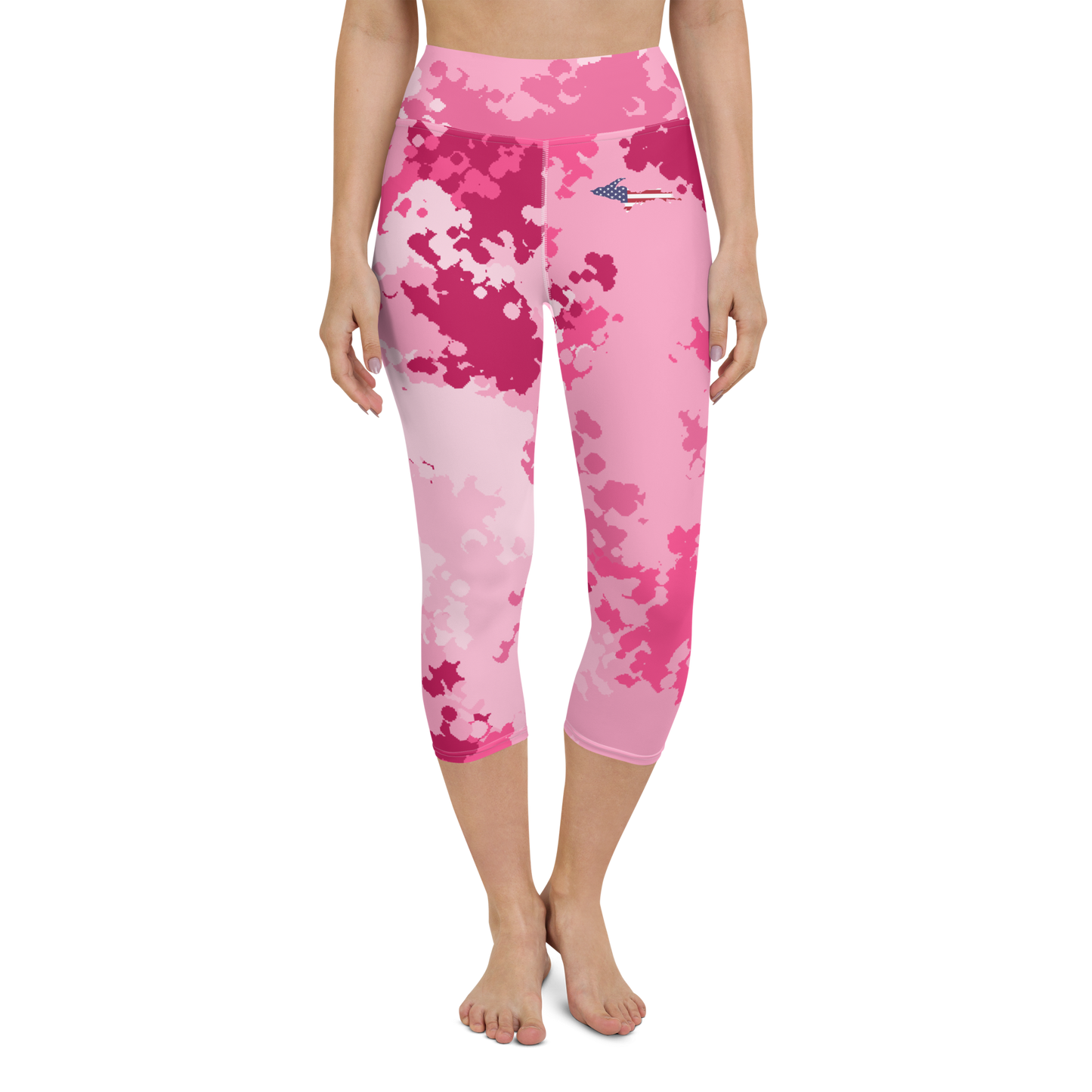 Michigan Upper Peninsula Yoga Capri Leggings (w/ UP USA Flag) | Pink Camo