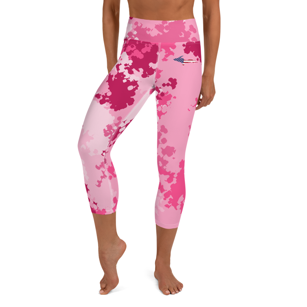 Michigan Upper Peninsula Yoga Capri Leggings (w/ UP USA Flag) | Pink Camo