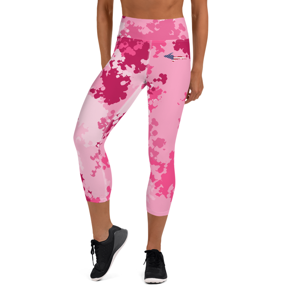 Michigan Upper Peninsula Yoga Capri Leggings (w/ UP USA Flag) | Pink Camo