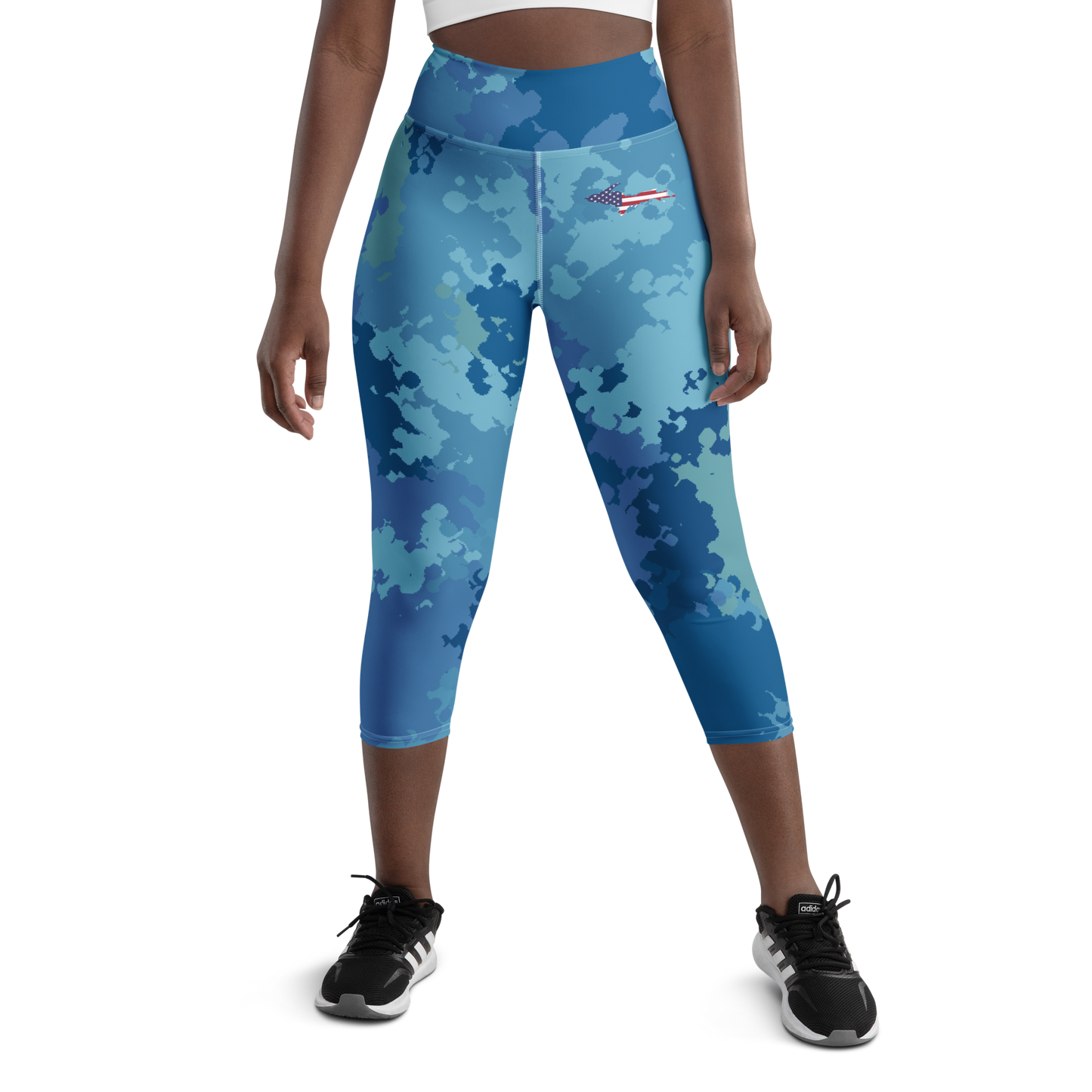 Michigan Upper Peninsula Yoga Capri Leggings (w/ UP USA Flag) | Great Lakes Camo