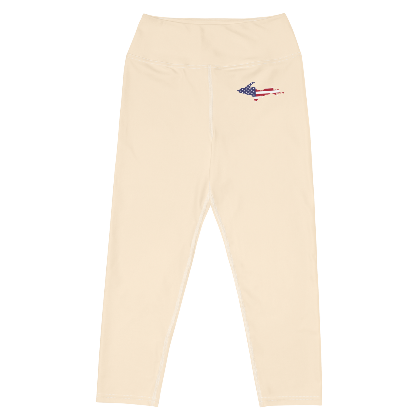 Michigan Upper Peninsula Yoga Capri Leggings (w/ UP USA Flag) | Champagne White