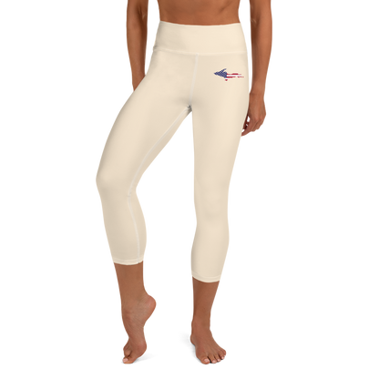 Michigan Upper Peninsula Yoga Capri Leggings (w/ UP USA Flag) | Champagne White