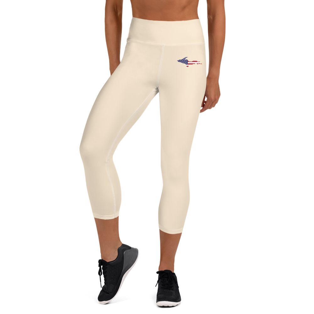 Michigan Upper Peninsula Yoga Capri Leggings (w/ UP USA Flag) | Champagne White