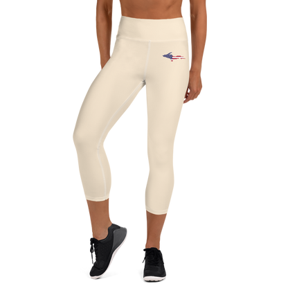 Michigan Upper Peninsula Yoga Capri Leggings (w/ UP USA Flag) | Champagne White