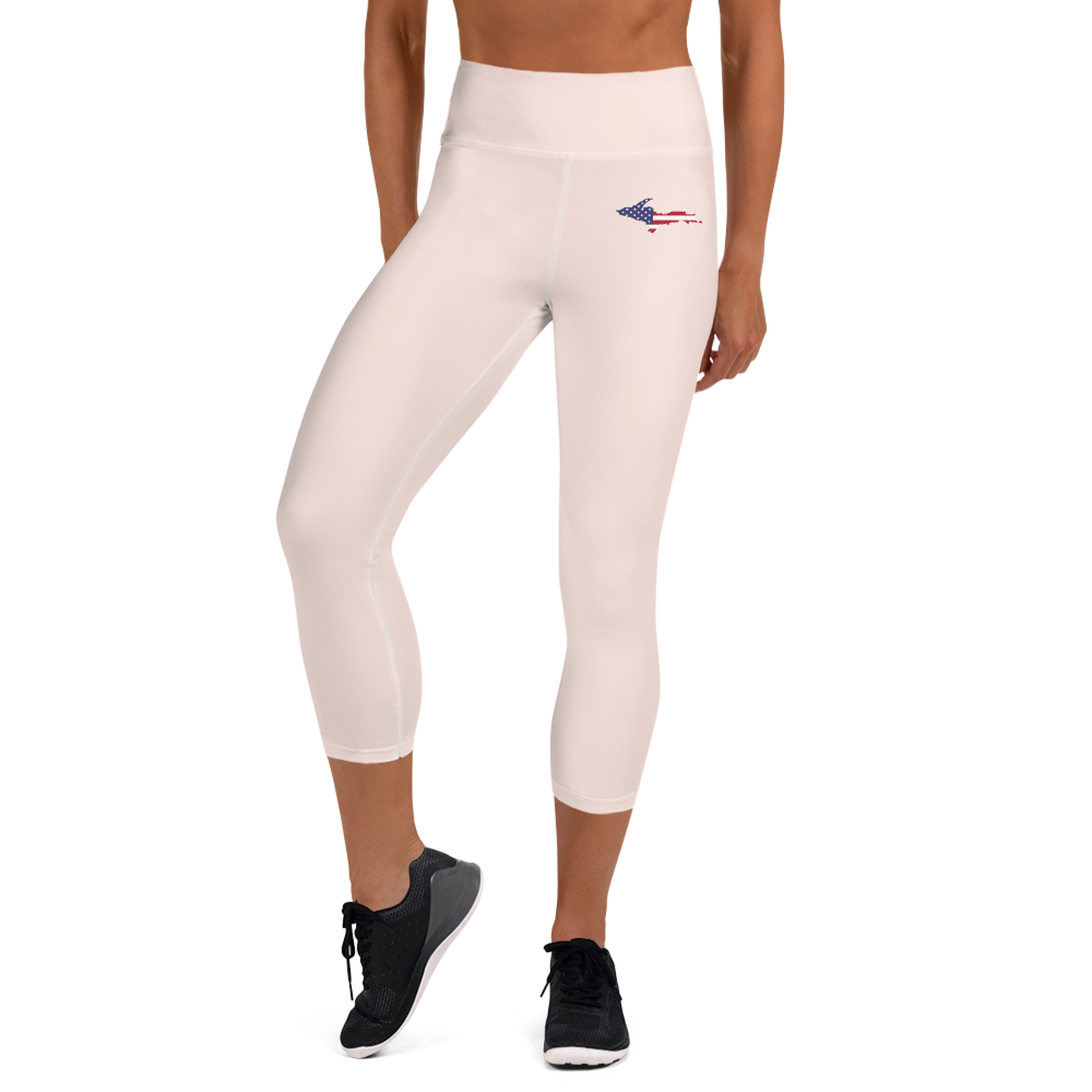 Michigan Upper Peninsula Yoga Capri Leggings (w/ UP USA Flag) | Champagne Pink