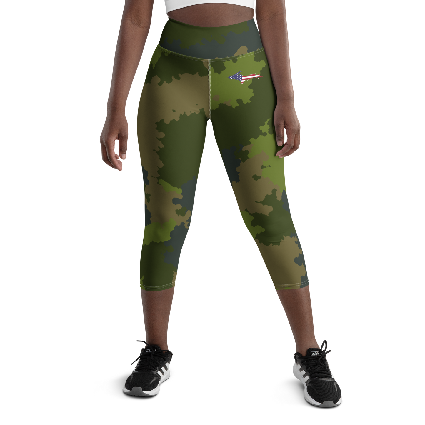 Michigan Upper Peninsula Yoga Leggings (w/ UP USA Flag) | Woodland Camo