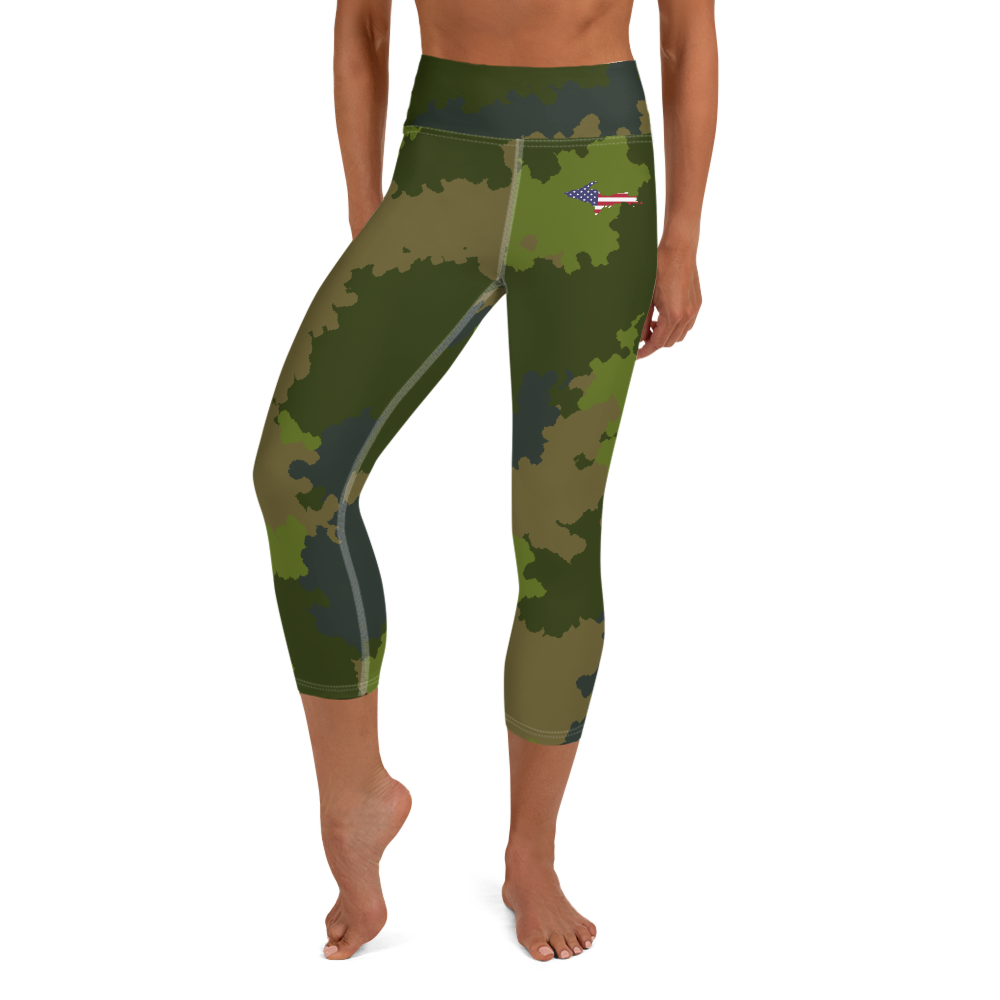 Michigan Upper Peninsula Yoga Leggings (w/ UP USA Flag) | Woodland Camo