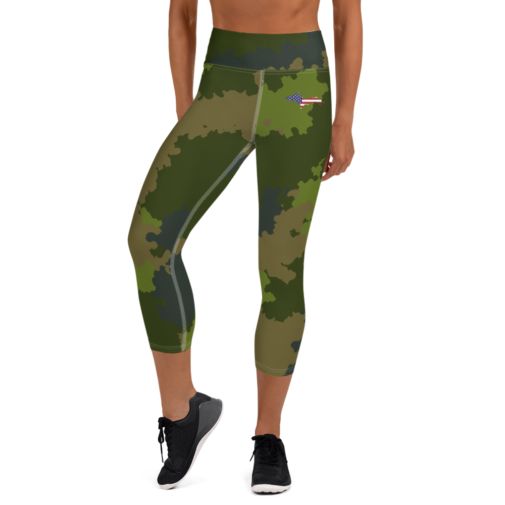 Michigan Upper Peninsula Yoga Leggings (w/ UP USA Flag) | Woodland Camo