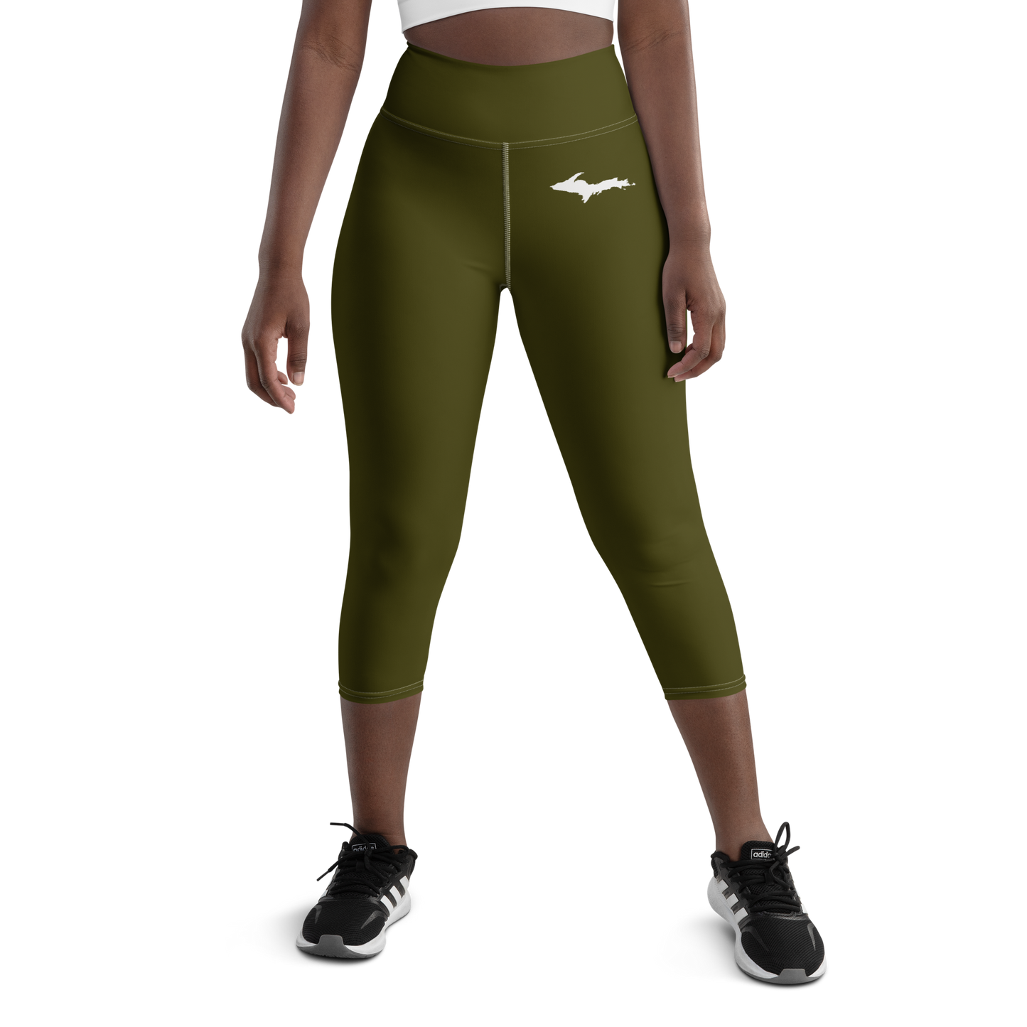 Michigan Upper Peninsula Yoga Capri Leggings (w/ UP Outline) | Military Green