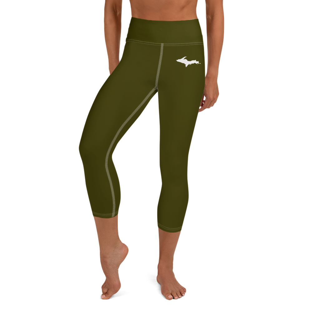 Michigan Upper Peninsula Yoga Capri Leggings (w/ UP Outline) | Military Green