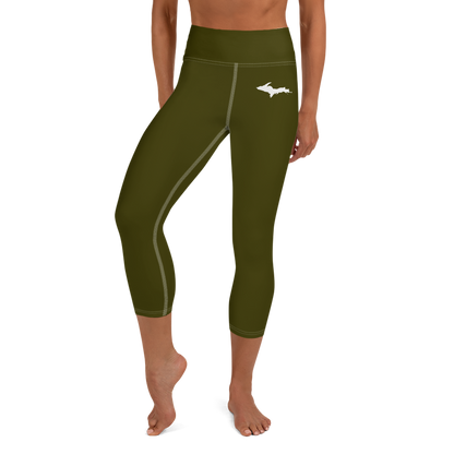 Michigan Upper Peninsula Yoga Capri Leggings (w/ UP Outline) | Military Green