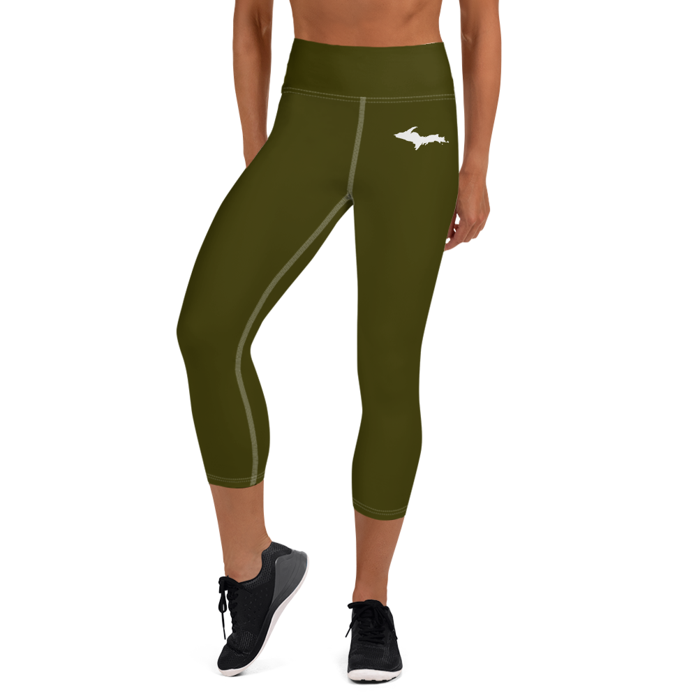 Michigan Upper Peninsula Yoga Capri Leggings (w/ UP Outline) | Military Green