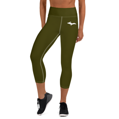 Michigan Upper Peninsula Yoga Capri Leggings (w/ UP Outline) | Military Green