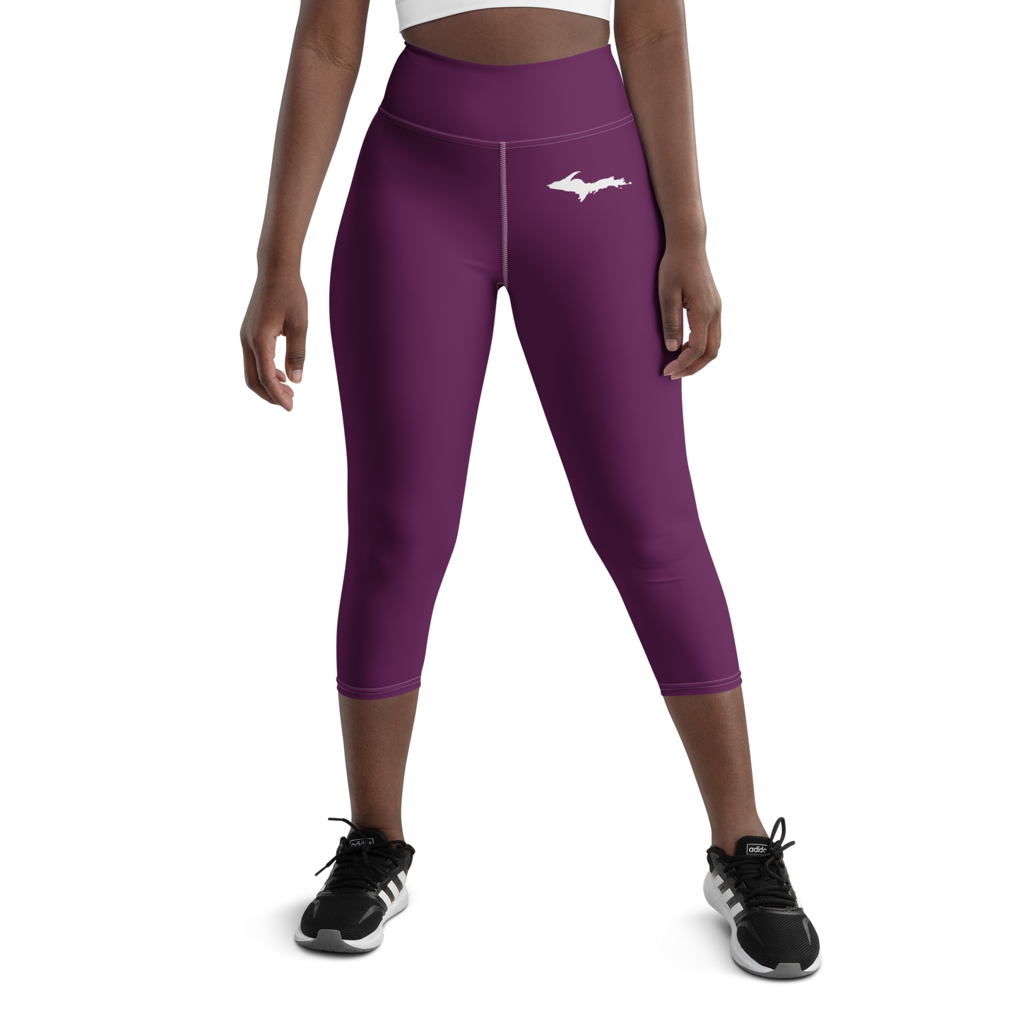 Michigan Upper Peninsula Yoga Capri Leggings (w/ UP Outline) | Tyrian Purple