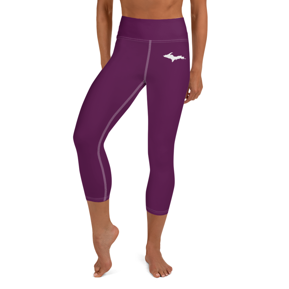 Michigan Upper Peninsula Yoga Capri Leggings (w/ UP Outline) | Tyrian Purple