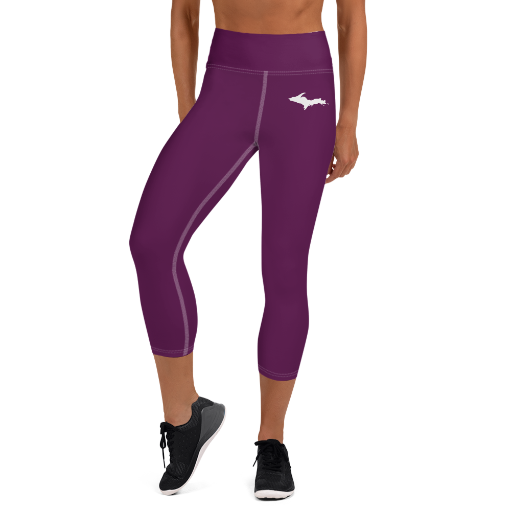 Michigan Upper Peninsula Yoga Capri Leggings (w/ UP Outline) | Tyrian Purple