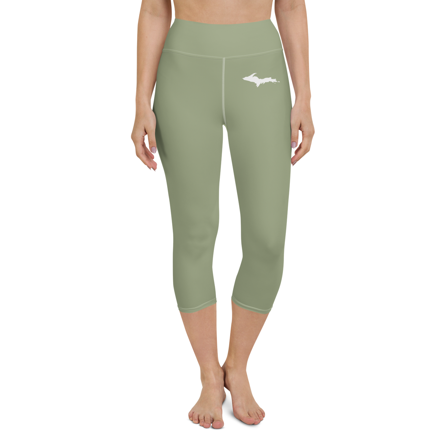 Michigan Upper Peninsula Yoga Capri Leggings (w/ UP Outline) | Beachgrass Green