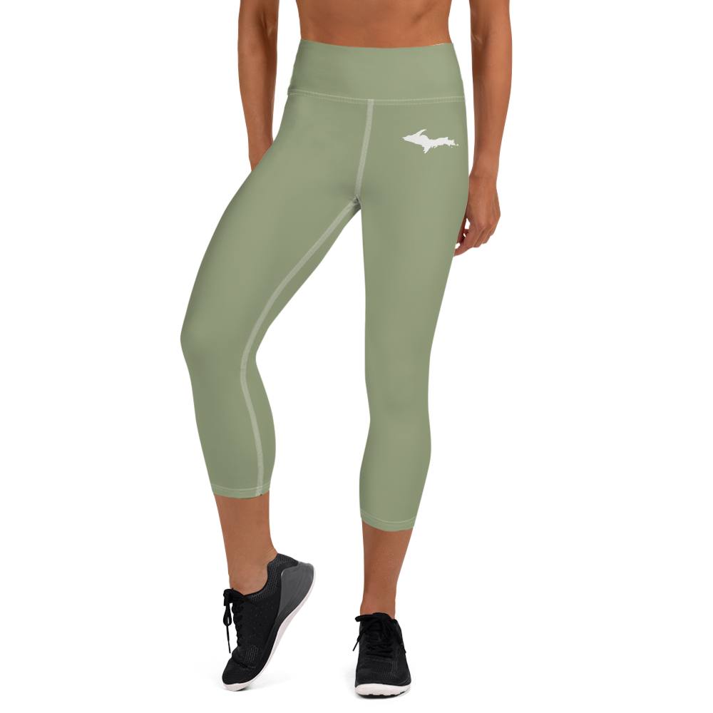 Michigan Upper Peninsula Yoga Capri Leggings (w/ UP Outline) | Beachgrass Green