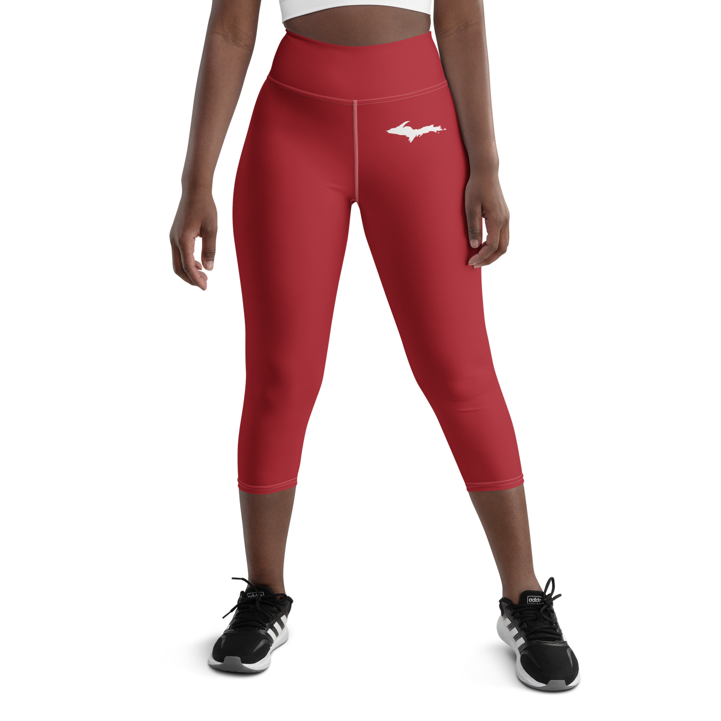 Michigan Upper Peninsula Yoga Capri Leggings (w/ UP Outline) | Thimbleberry Red