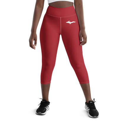 Michigan Upper Peninsula Yoga Capri Leggings (w/ UP Outline) | Thimbleberry Red