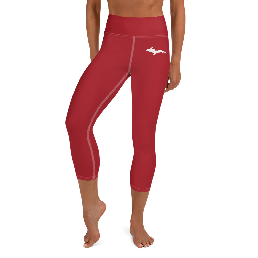 Michigan Upper Peninsula Yoga Capri Leggings (w/ UP Outline) | Thimbleberry Red