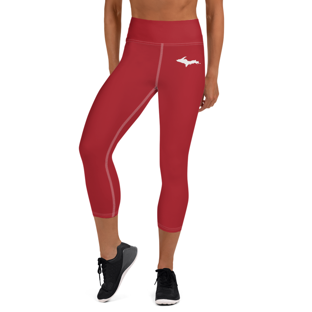 Michigan Upper Peninsula Yoga Capri Leggings (w/ UP Outline) | Thimbleberry Red