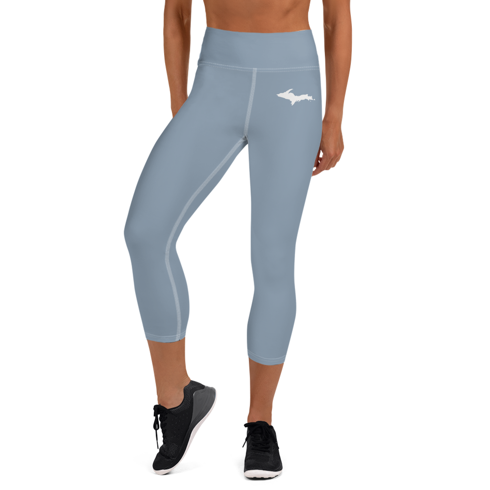 Michigan Upper Peninsula Yoga Capri Leggings (w/ UP Outline) | Lake Michigan Blue