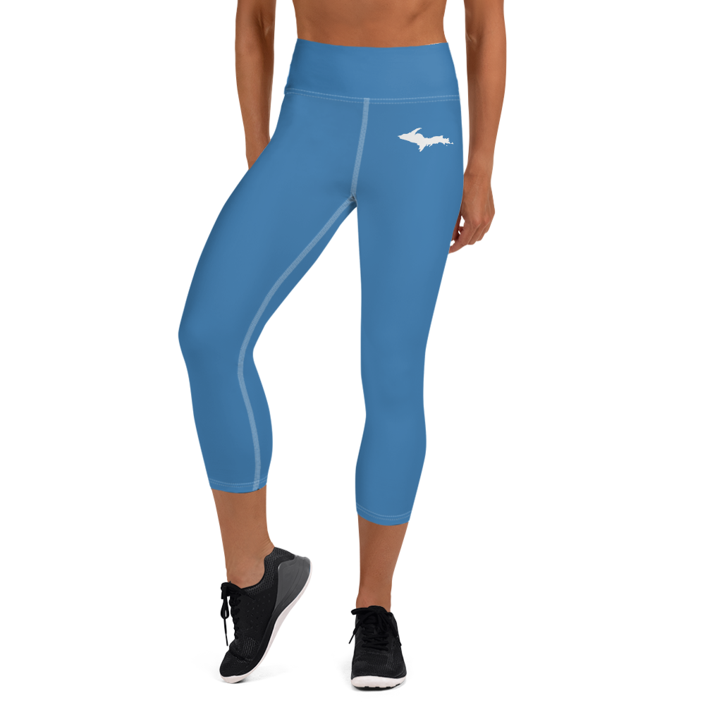 Michigan Upper Peninsula Yoga Capri Leggings (w/ UP Outline) | Lake Superior Blue