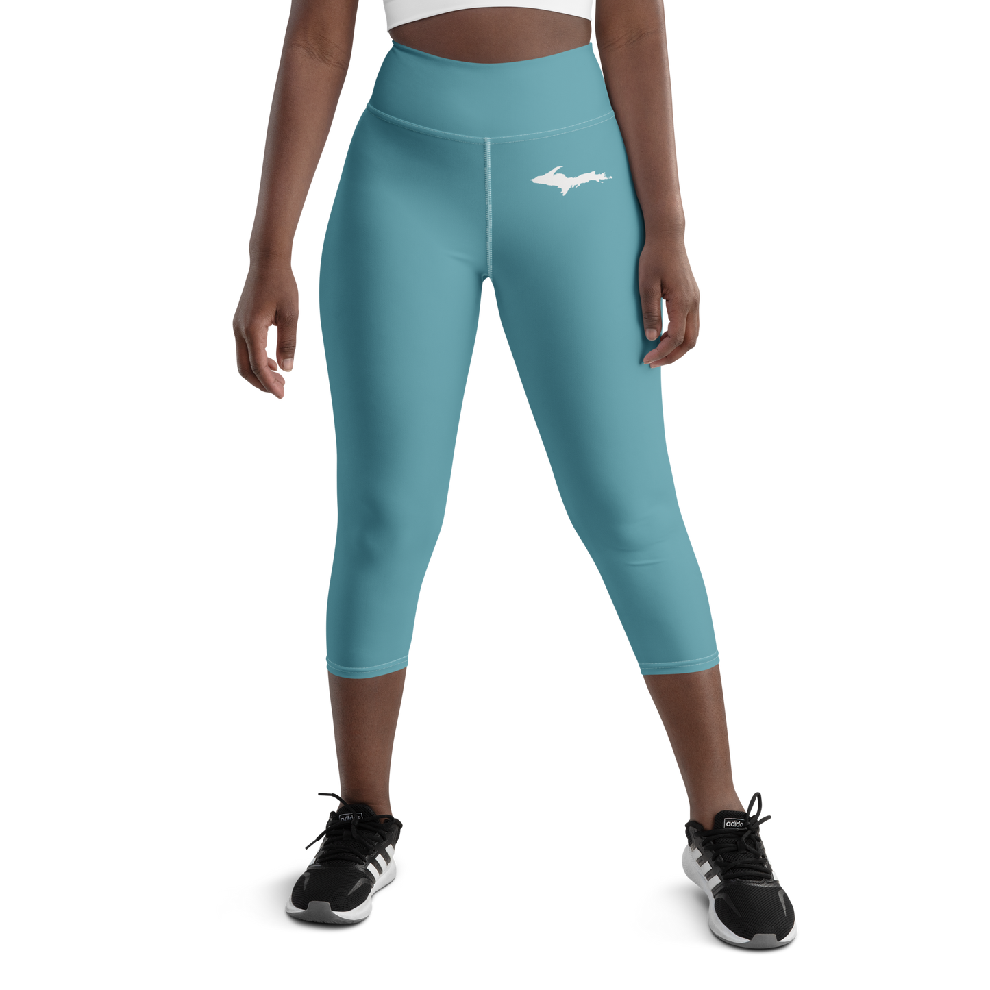 Michigan Upper Peninsula Yoga Capri Leggings (w/ UP Outline) | Lake Huron Blue