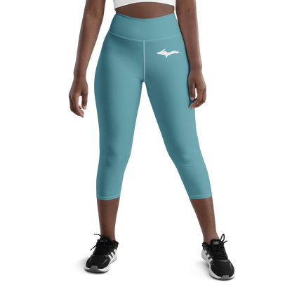 Michigan Upper Peninsula Yoga Capri Leggings (w/ UP Outline) | Lake Huron Blue