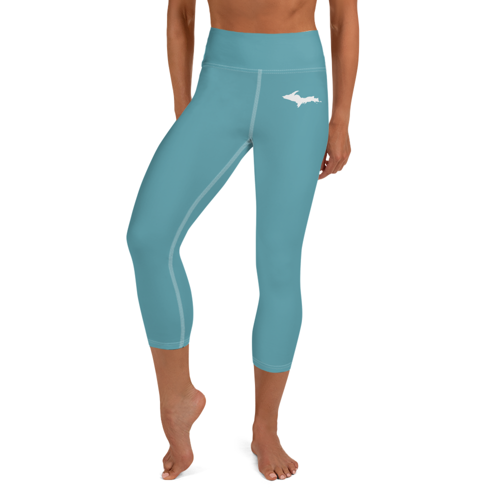 Michigan Upper Peninsula Yoga Capri Leggings (w/ UP Outline) | Lake Huron Blue