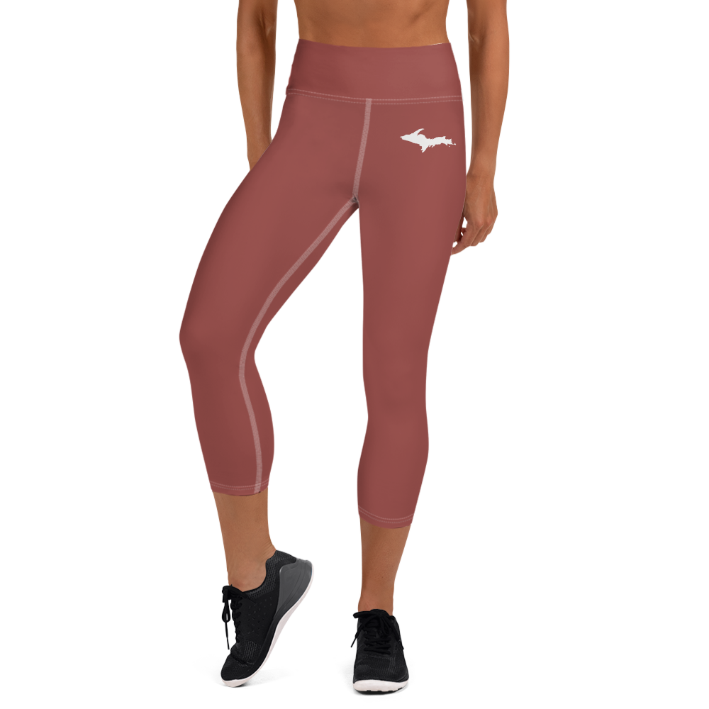 Michigan Upper Peninsula Yoga Capri Leggings (w/ UP Outline) | Ore Dock Red