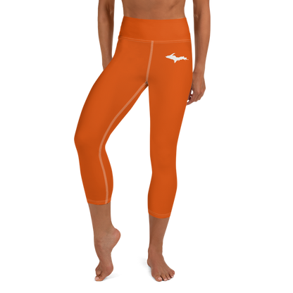 Michigan Upper Peninsula Yoga Capri Leggings (w/ UP Outline) | Maple Leaf Orange