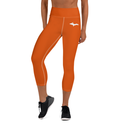 Michigan Upper Peninsula Yoga Capri Leggings (w/ UP Outline) | Maple Leaf Orange