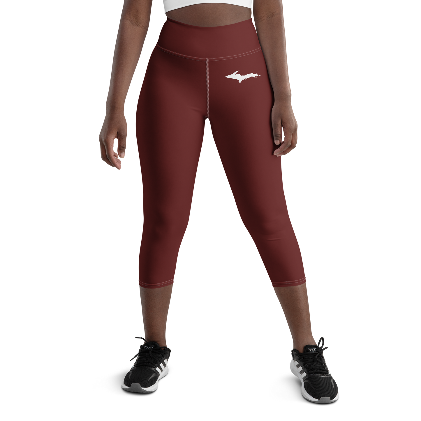 Michigan Upper Peninsula Yoga Capri Leggings (w/ UP Outline) | Cherrywood Color