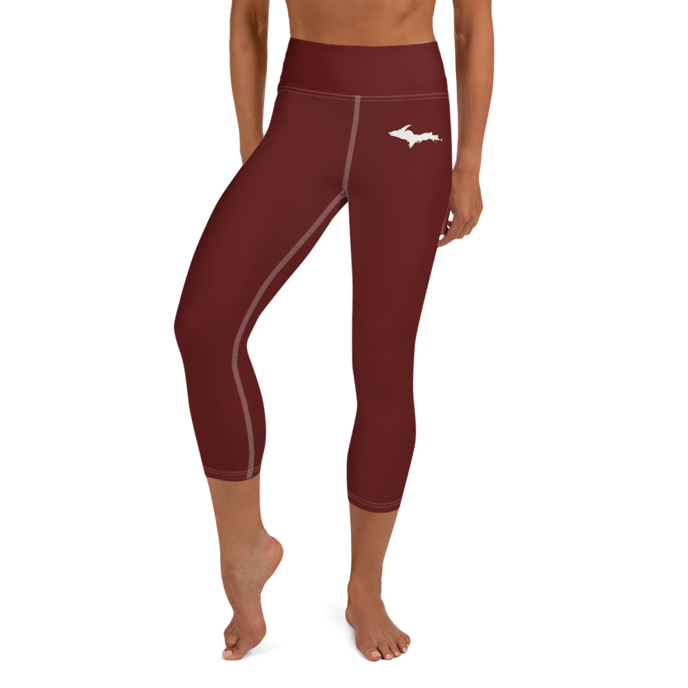 Michigan Upper Peninsula Yoga Capri Leggings (w/ UP Outline) | Cherrywood Color