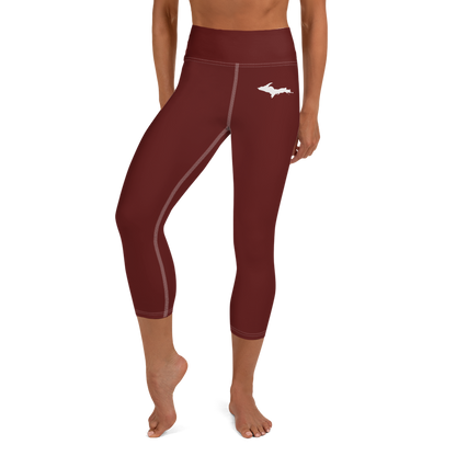 Michigan Upper Peninsula Yoga Capri Leggings (w/ UP Outline) | Cherrywood Color