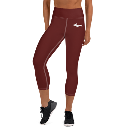 Michigan Upper Peninsula Yoga Capri Leggings (w/ UP Outline) | Cherrywood Color