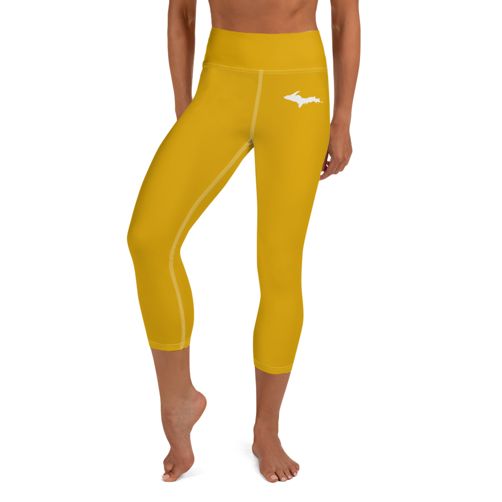 Michigan Upper Peninsula Yoga Capri Leggings (w/ UP Outline) | Gold