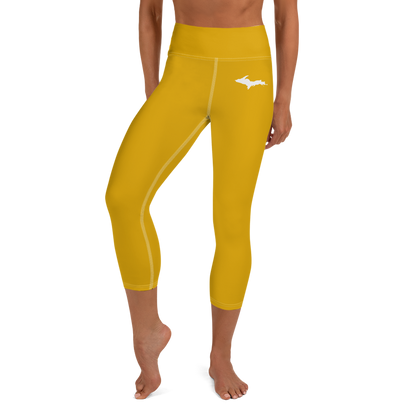 Michigan Upper Peninsula Yoga Capri Leggings (w/ UP Outline) | Gold