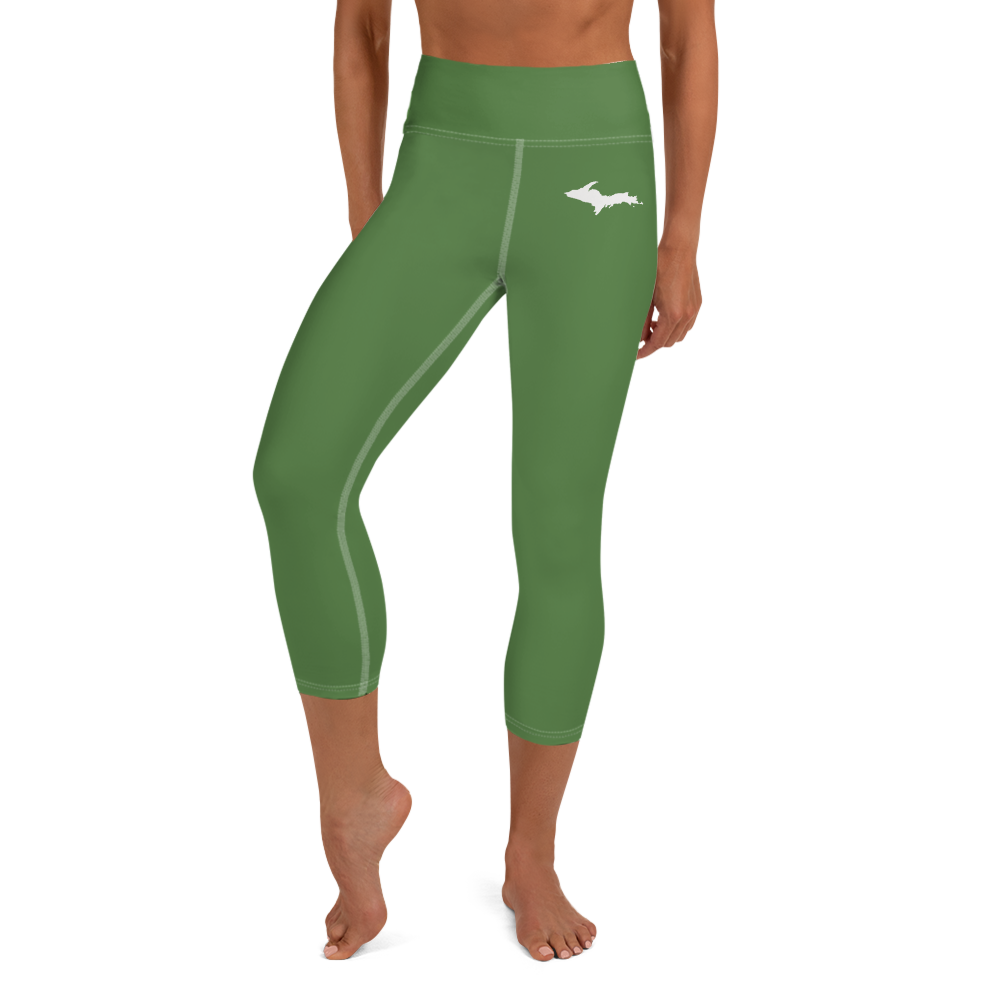 Michigan Upper Peninsula Yoga Capri Leggings (w/ UP Outline) | Pine Green