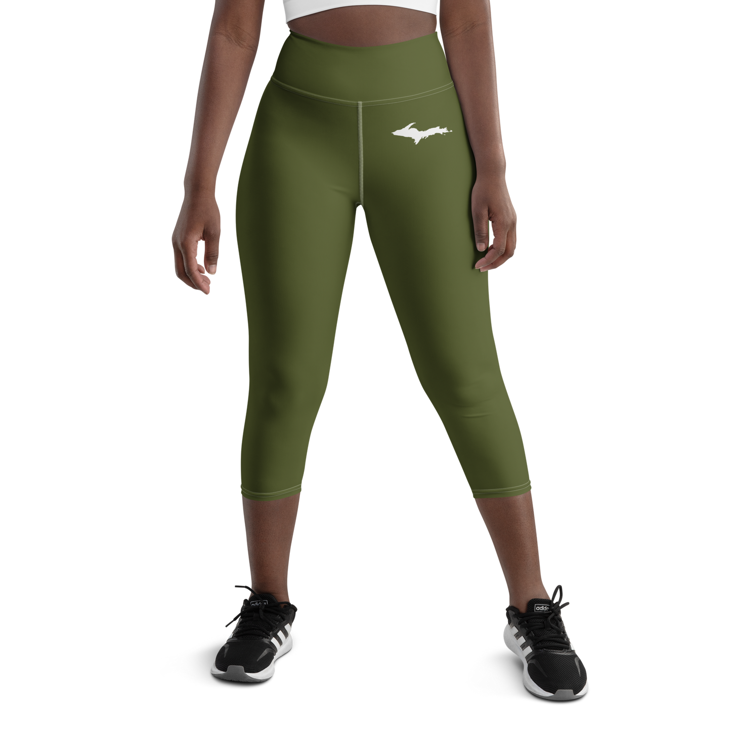 Michigan Upper Peninsula Yoga Capri Leggings (w/ UP Outline) | Army Green