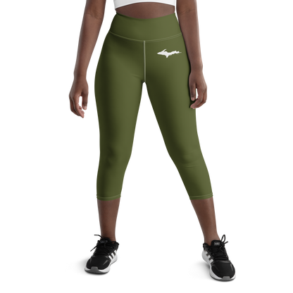 Michigan Upper Peninsula Yoga Capri Leggings (w/ UP Outline) | Army Green