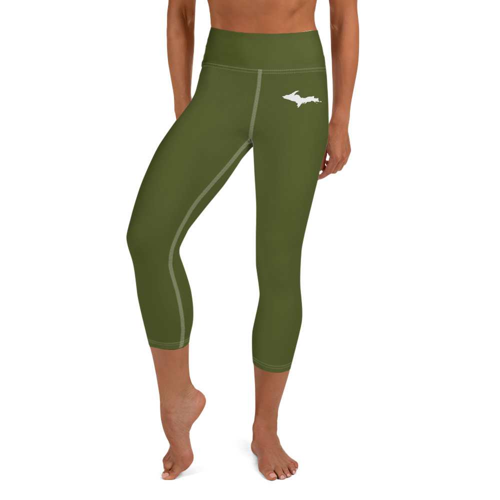 Michigan Upper Peninsula Yoga Capri Leggings (w/ UP Outline) | Army Green