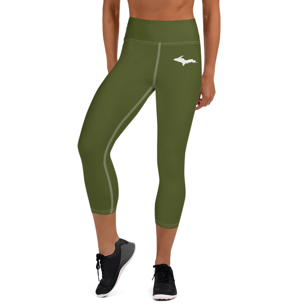 Michigan Upper Peninsula Yoga Capri Leggings (w/ UP Outline) | Army Green